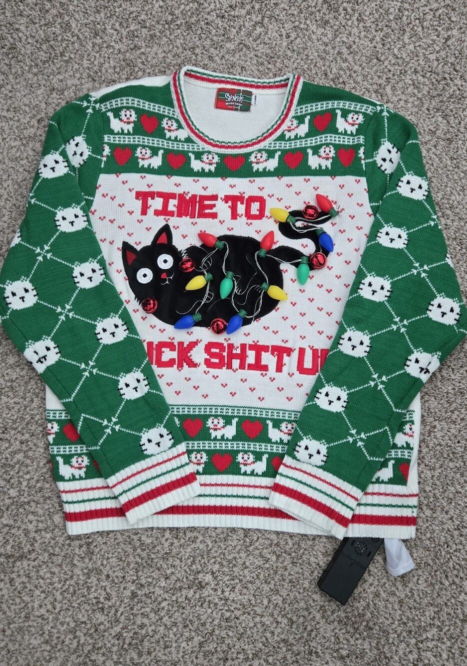 SPENCER'S Light Up Sounds Ugly Christmas Sweater "F*ck Sh*t Up" Adult Size XL